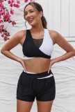 Black & White Coloblock Vneck Mesh Patchwork Sporty Bikini Top And HighWaist Boy Shorts Set