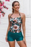 Floral Halter Strap Sweetheart Neck Ruching Tummy Control Casual OnePiece Swimsuit