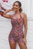 Red Floral Twist Front Halter Strap Ruching Tummy Control Casual OnePiece Swimsuit