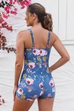 Blue Floral Sweetheart Neck Twist Front Ruching Tummy Control Casual OnePiece Swimsuit