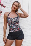 Black Floral Halter Strap Twist Front Ruching Tummy Control Casual OnePiece Swimsuit