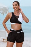 Black & White Coloblock Vneck Mesh Patchwork Sporty Bikini Top And HighWaist Boy Shorts Set