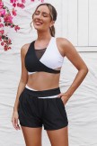 Black & White Coloblock Vneck Mesh Patchwork Sporty Bikini Top And HighWaist Boy Shorts Set