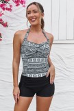 Black Geometric Halter Strap Twisted Front Ruching Tummy Control Casual OnePiece Swimsuit