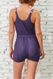 Solid Purple Scoop Neck Button Belt OnePiece Swimsuit