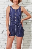 Blue Polka Dot Scoop Neck Button Belt OnePiece Swimsuit