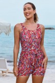 Red Floral Scoop Neck Wide Straps Button Belt OnePiece Swimsuit