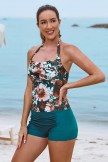 Floral Halter Strap Sweetheart Neck Ruching Tummy Control Casual OnePiece Swimsuit