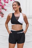 Black & White Coloblock Vneck Mesh Patchwork Sporty Bikini Top And HighWaist Boy Shorts Set