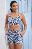 Blue Floral Scoop Neck Adjustable Strap Sporty Bikini Top And HighWaist Boy Shorts Set