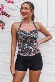 Black Floral Halter Strap Twist Front Ruching Tummy Control Casual OnePiece Swimsuit