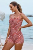 Red Floral Adjustable Straps Sweetheart Neck Twisted Front Ruching Tummy Control Casual OnePiece Swimsuit