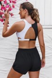 Black & White Coloblock Vneck Mesh Patchwork Sporty Bikini Top And HighWaist Boy Shorts Set