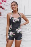 Black Floral Halter Strap Twist Front Ruching Tummy Control Casual OnePiece Swimsuit